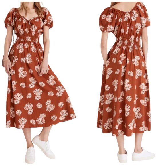 Madewell Sophia Smocked Linen Midi Dress Floral Rust Brown XXS Cottagecore - Picture 1 of 6